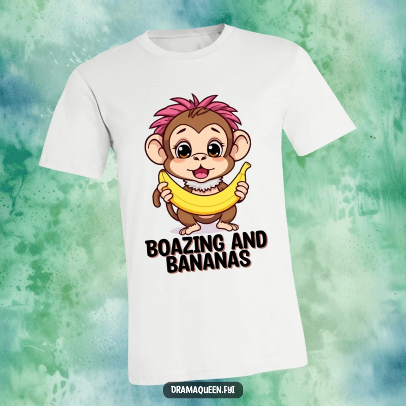 Funny curious monkey character wearing a feathery boa, striking a surprised pose with a banana, quirky tee.