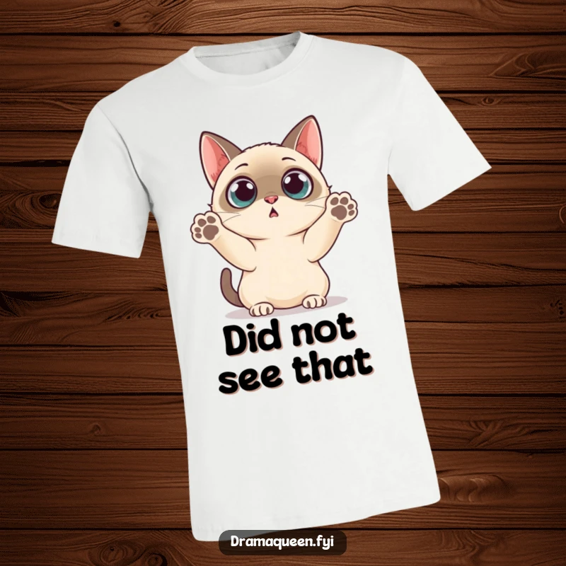 Funny T-Shirt: Siamese cat looking shocked with wide eyes, paws dramatically thrown up in surprise.
