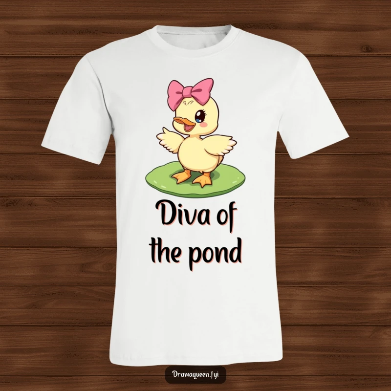 Funny diva duckling t-shirt featuring a delighted duckling with a giant bow striking a confident diva pose on a lily pad.