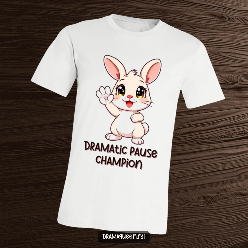 Funny t-shirt showcasing a cute bunny with wide, expressive eyes striking a dramatic pose, paw held high, ready for attention.