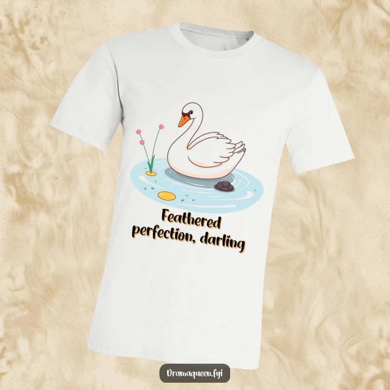 Funny t-shirt showing a sassy swan character gliding elegantly on a tiny pond, capturing sassy attitude and humor.