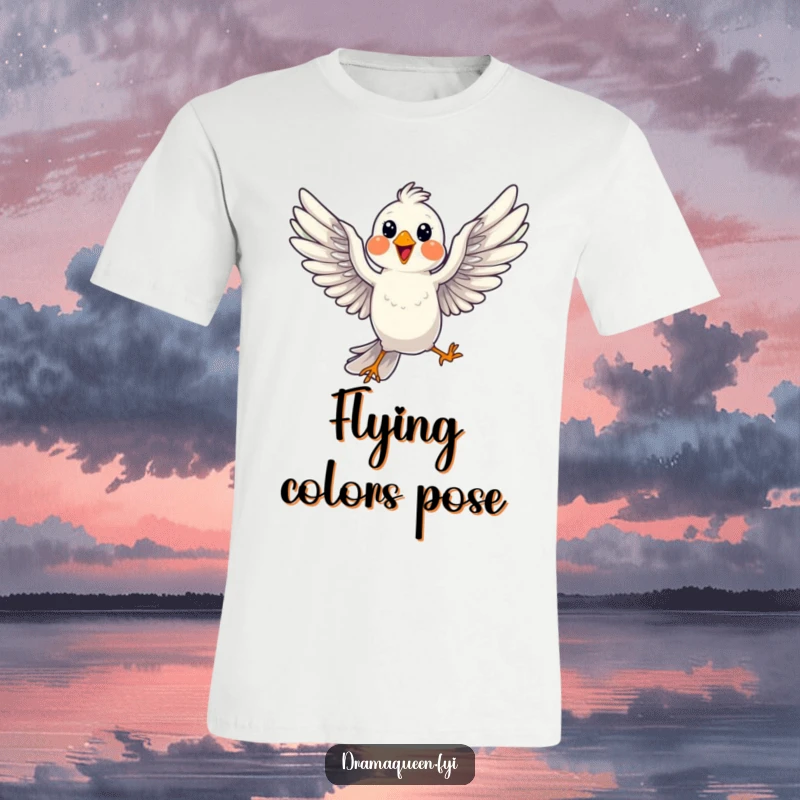 Funny Bird Pose T-Shirt: A cheerful bird dramatically striking a pose mid-flight, wings spread, showcasing joy.