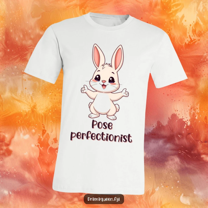 Funny Bunny Pose T-Shirt: A playful bunny dramatically striking a pose with ears perked up, showcasing fun.
