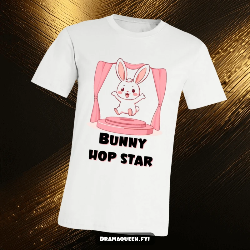 Funny playful bunny character leaping onto a miniature stage on a t-shirt, conveying joy and performance for a gift.