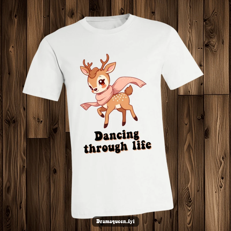 Funny Deer Twirl T-Shirt showcasing a graceful deer twirling with a shimmering scarf, embodying elegance and hilarious charm.