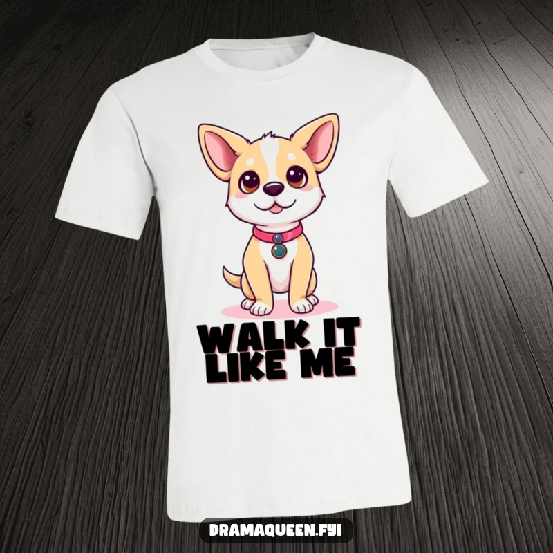 Funny dog t-shirt featuring a cute dog character striking a confident runway pose, ears perked, embodying canine fashion.
