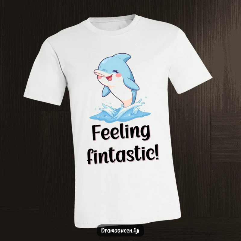 Funny dolphin t-shirt featuring a delighted character leaping from a sparkly wave with a whimsical, infectious grin.