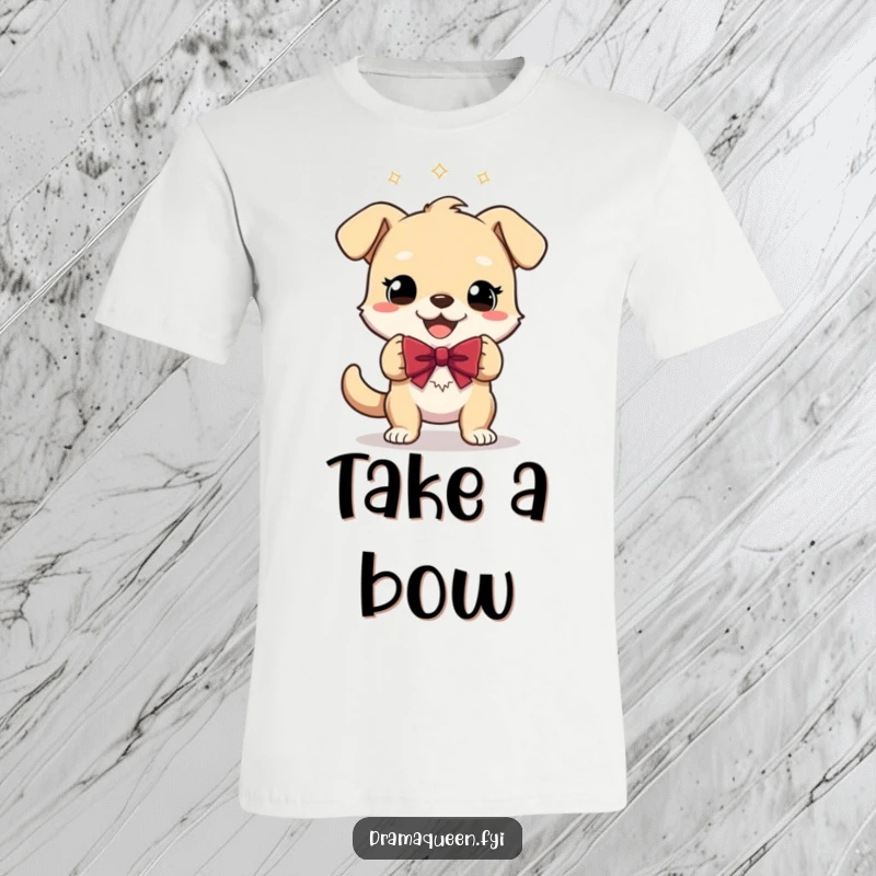 Funny T-Shirt depicting a gleeful dog character performing a theatrical bow, designed for humorous self-expression and appreciation of performance.