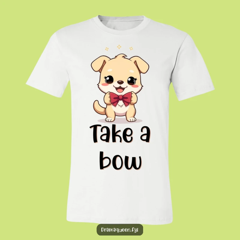 Funny Gleeful Dog Bow T-Shirt: Theatrical Character Tee for Applause-Worthy Style