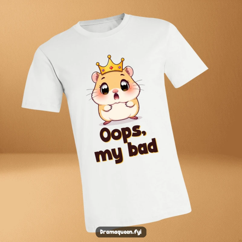 Funny Hamster T-Shirt: A surprised hamster's tiny crown is comically falling off its head, wide eyes showing its shock.