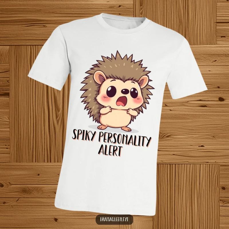 Funny hedgehog t-shirt showcasing a curious animal with a shocked face, striking a dramatic pose, perfect for casual wear and humor.