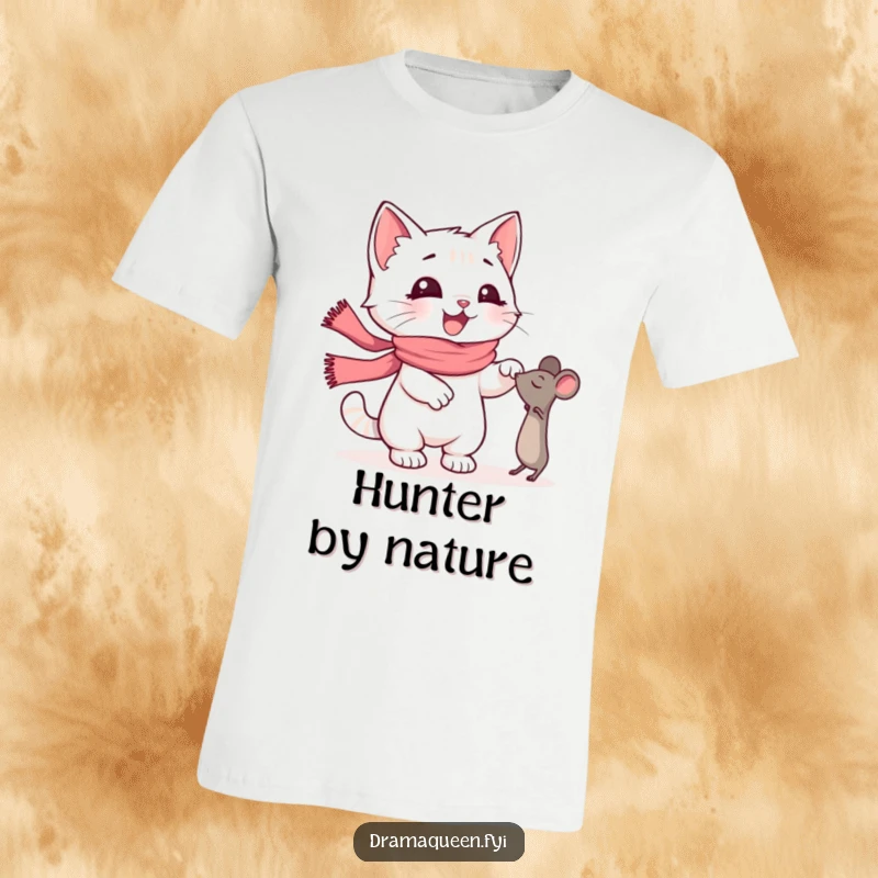 Funny Kitten T-Shirt: A happy kitten wearing a flowing pink scarf dramatically lunges for a toy mouse, a funny pet lover's gift.