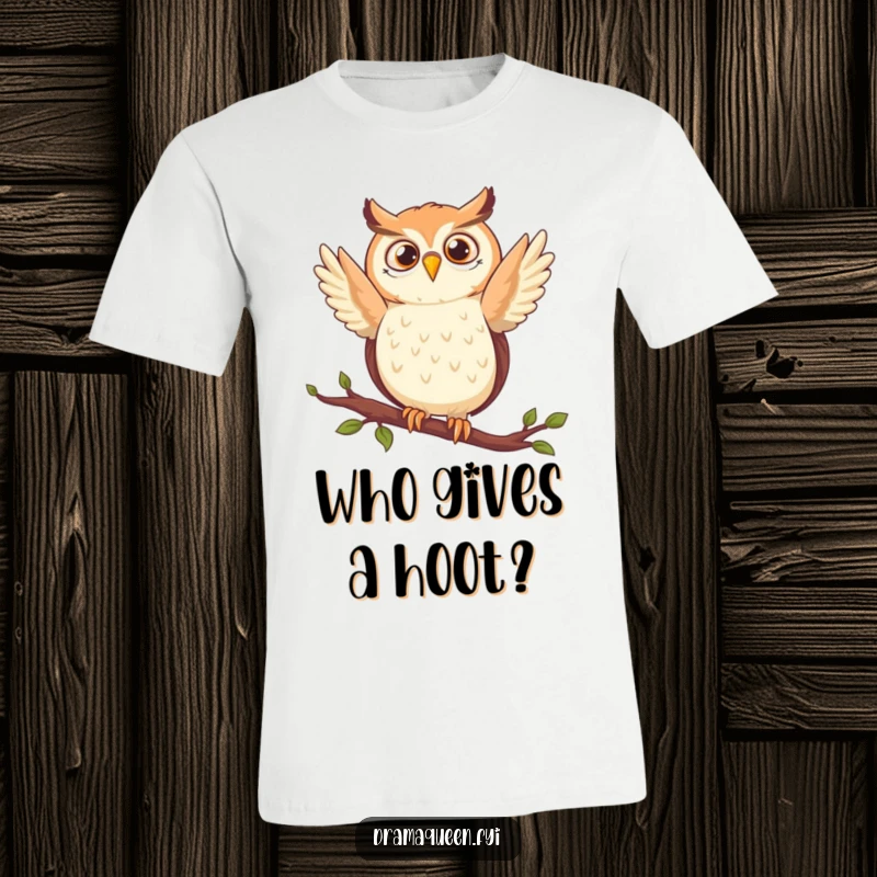 Funny owl t-shirt showcasing a delighted animal in a dramatic pose on a branch, perfect for casual wear and humor enthusiasts.