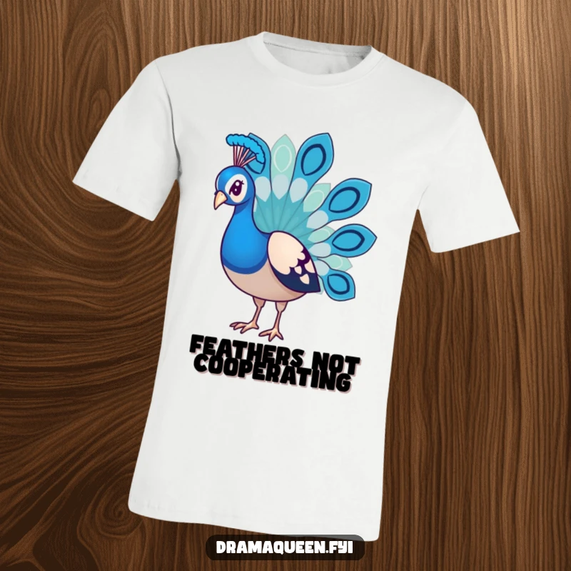 Funny Peacock T-Shirt with its fan feathers sadly drooped, conveying a humorous sense of disappointment and style.