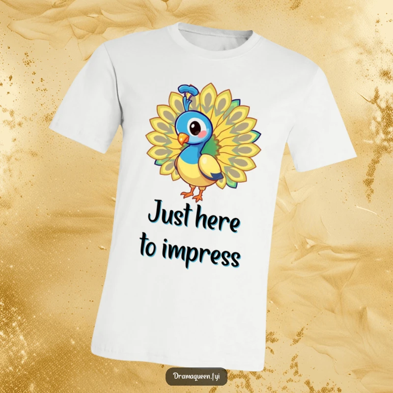 Funny T-Shirt: Peacock showing off dazzling, exaggerated tail feather fan, exuding confidence and playful pride.