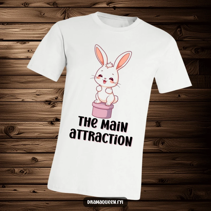 Funny bunny t-shirt featuring a happy rabbit posing dramatically on a pedestal. Humorous apparel, perfect for gifting.