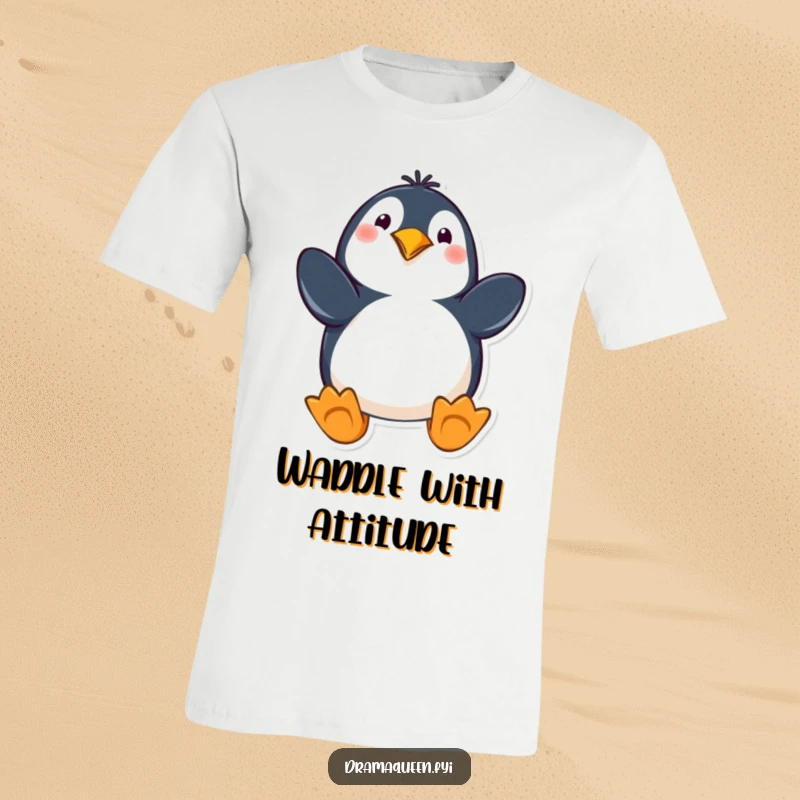 Funny penguin t-shirt showcasing a playful animal dramatically striking a pose with flippers extended, perfect for casual wear and humor.