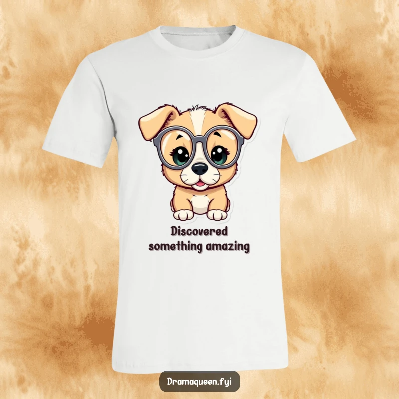 Funny t-shirt showcasing a curious puppy peeking through large opera glasses, eyes wide with utter amazement and wonder.