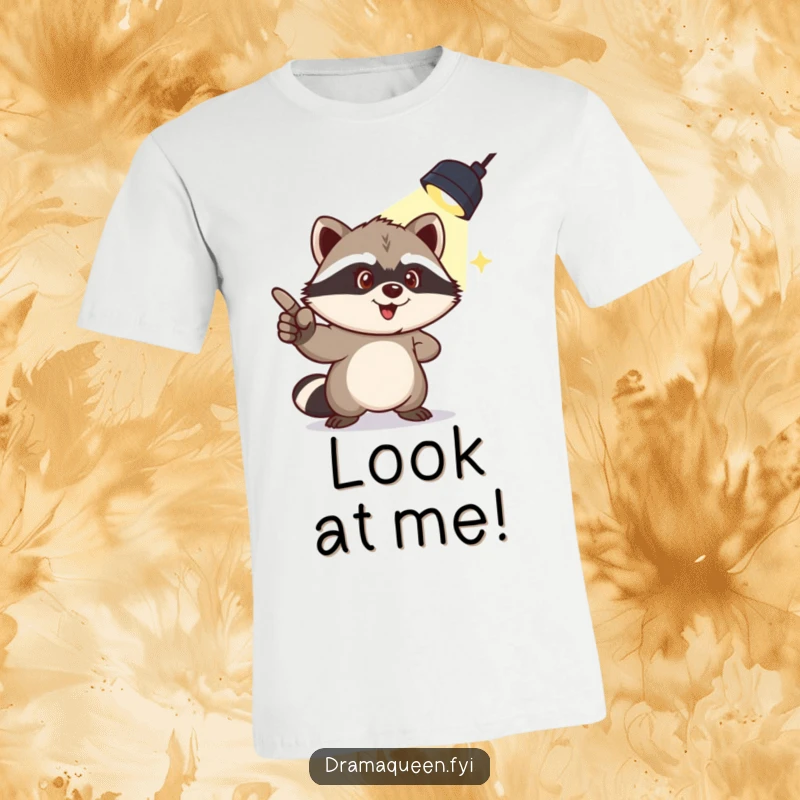 Funny t-shirt depicting a mischievous raccoon pointing at an overhead spotlight, highlighting playful mischief and attention-seeking humor.