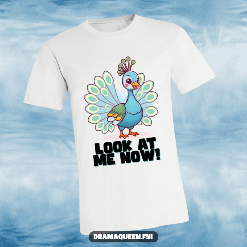Funny t-shirt showcasing a regal peacock character fanning its magnificent tail feathers with a wide, cheerful grin, highlighting its proud nature.