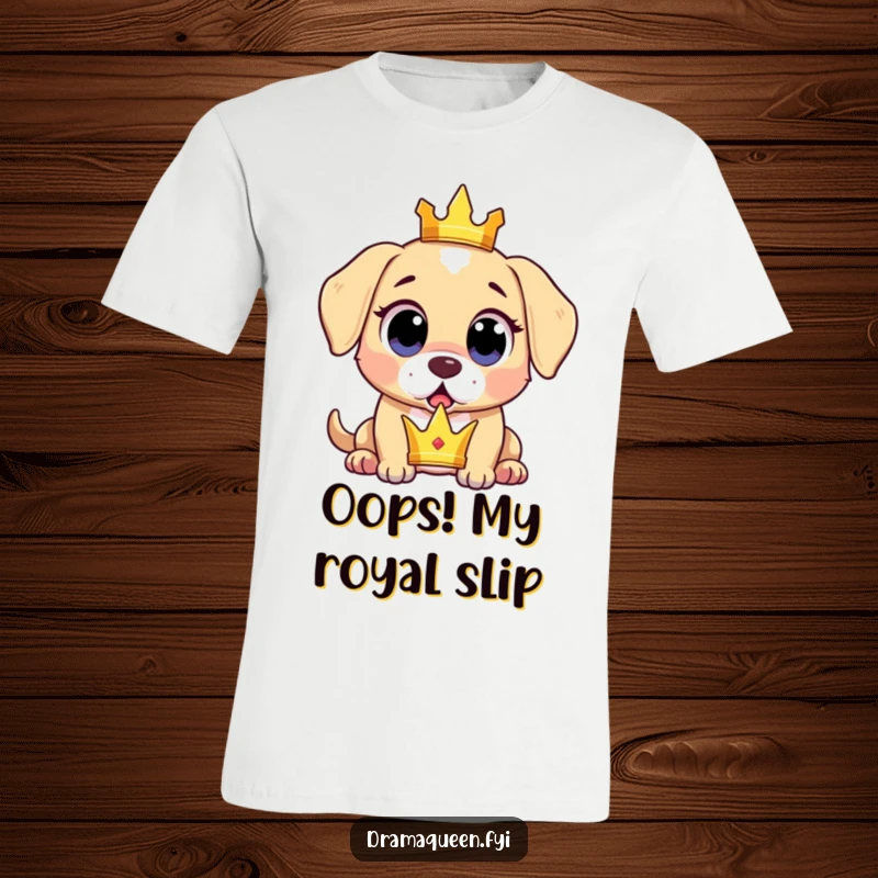 Funny surprised puppy t-shirt featuring a puppy dropping a tiny crown with wide, shocked, expressive eyes.