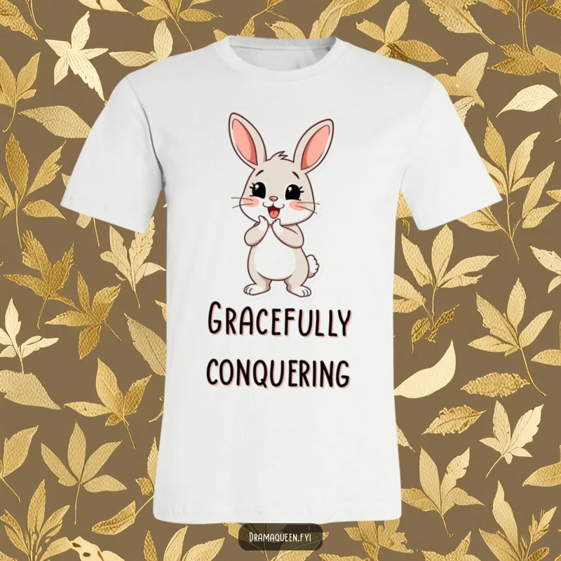 Funny bunny t-shirt featuring a cheerful bunny character executing a dramatic curtsey with a flourish, conveying playful elegance.