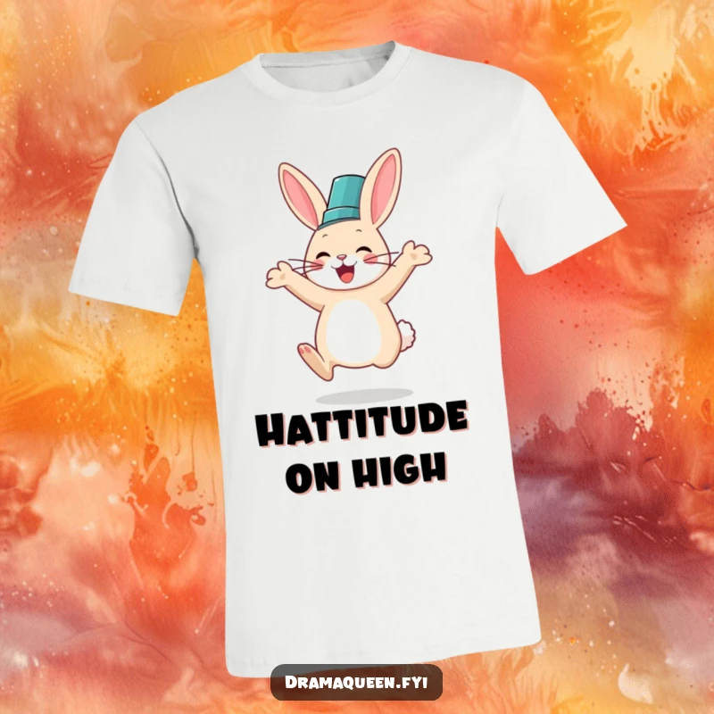 Funny t-shirt showcasing a happy rabbit in a stylish fancy hat performing a joyful leap, full of energetic glee.