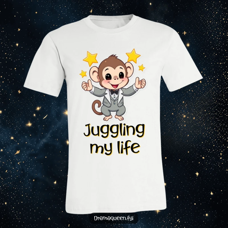 Funny t-shirt depicting a monkey in a sharp tuxedo expertly juggling bright shining stars, showcasing playful cosmic talent.