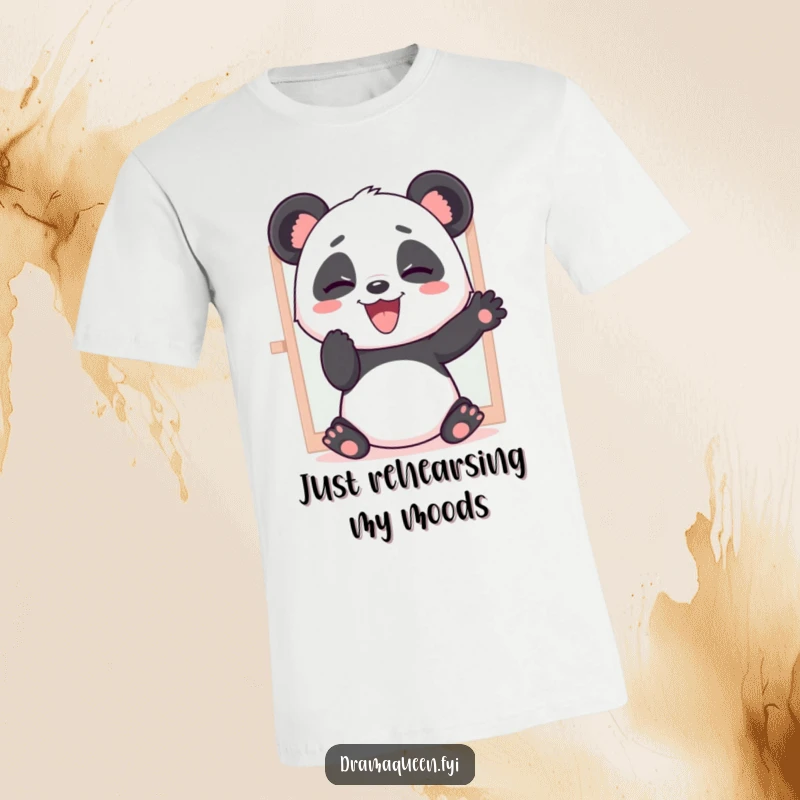 Funny t-shirt depicting a giggling panda practicing theatrical poses in front of a mirror with utmost dramatic flair.