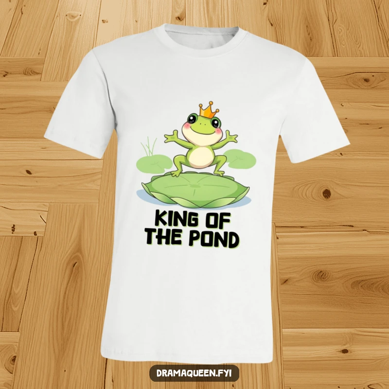 Funny frog king t-shirt with a smiling frog wearing a crown leaping onto a giant lily pad. Majestic and playful. Great gift.