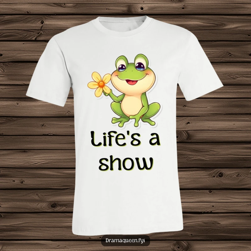 Funny frog t-shirt featuring a frog with a goofy smile posing dramatically with a flower. Humorous apparel, perfect for gifting.