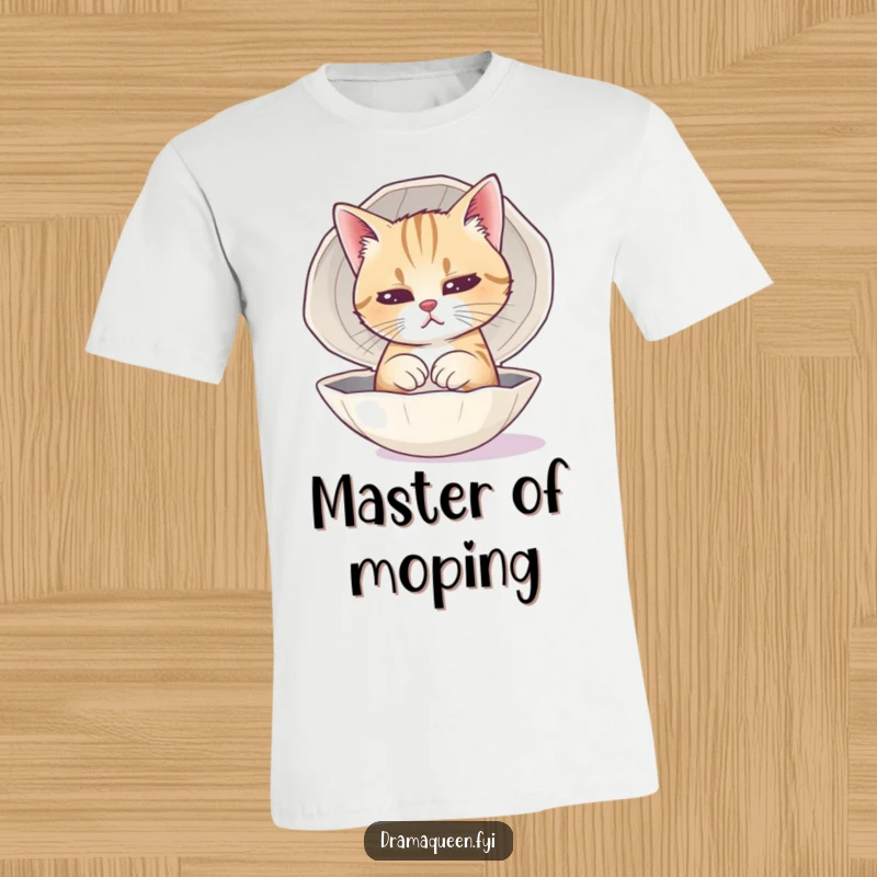 Funny Cat T-Shirt with a dramatic feline practicing a sad face reflected in a polished seashell.