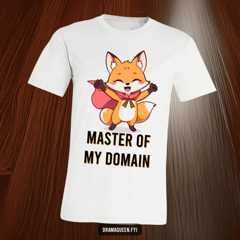 Funny t-shirt featuring a joyful fox in a superhero cape, striking a triumphant pose with its cape flowing dynamically.