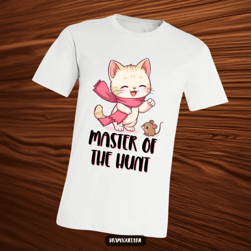 Funny kitten t-shirt showcasing a cute, scarf-clad cat leaping dramatically for a toy mouse, full of playful energy.