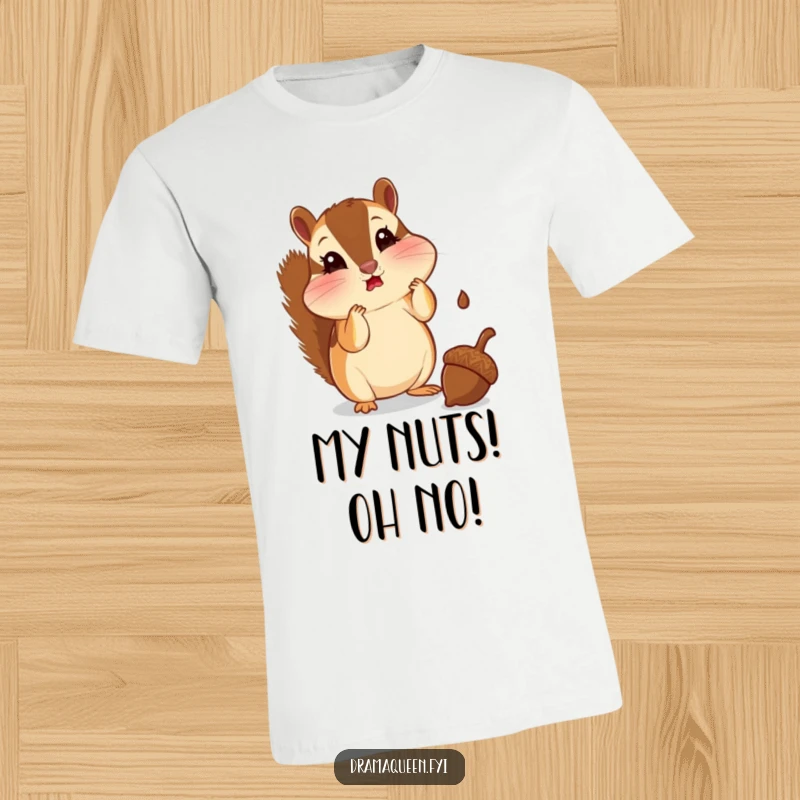 Funny chipmunk t-shirt featuring a chipmunk with puffed cheeks looking shocked at a falling acorn. Humorous apparel, perfect for gifting.