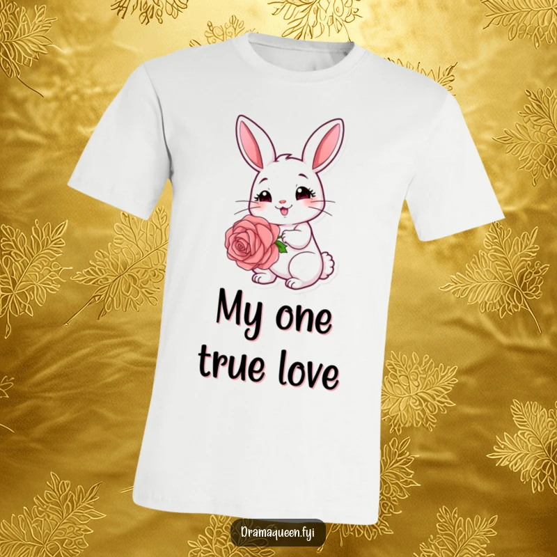 Funny rabbit t-shirt showcasing a cute bunny holding a single big rose, with a coy and charming expression, very sweet.