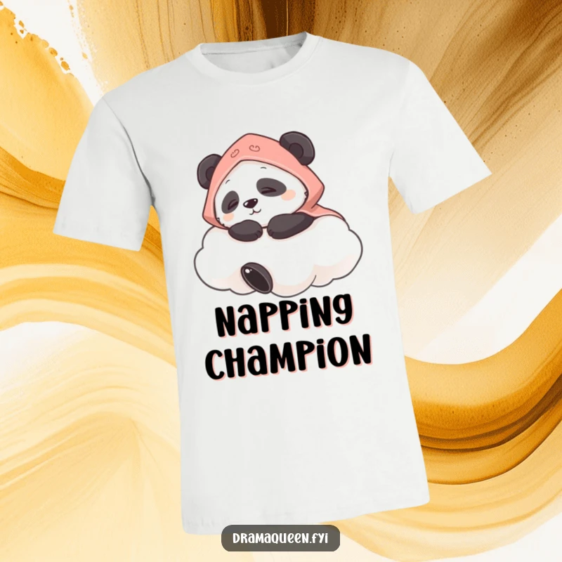 Funny t-shirt depicting a contented panda in a small cape napping soundly on a fluffy cloud, embodying ultimate chill.