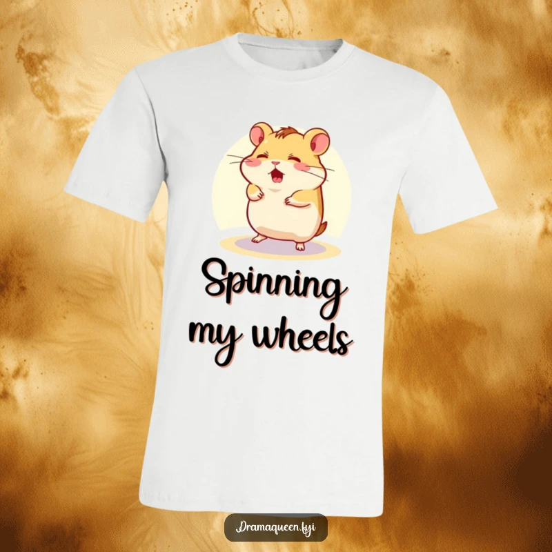 Funny T-Shirt depicting a flustered hamster character spinning comically in a tiny spotlight, designed for humorous self-expression.