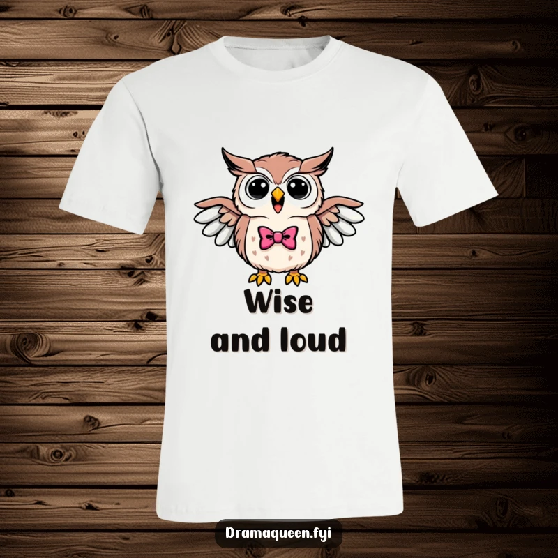 Funny t-shirt of a triumphant owl in a bowtie, hooting loudly with wings outstretched, exuding wise celebration.