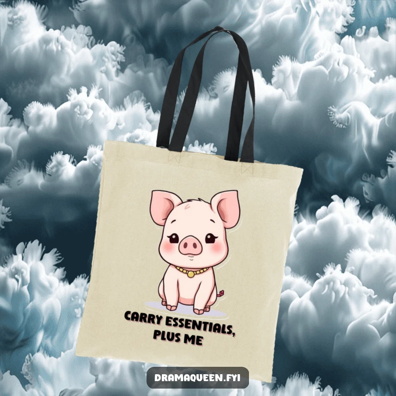 Funny Piglet Necklace Tote Bag: A sturdy tote showcasing a playful piglet wearing a necklace, seeking attention, ideal for shopping.