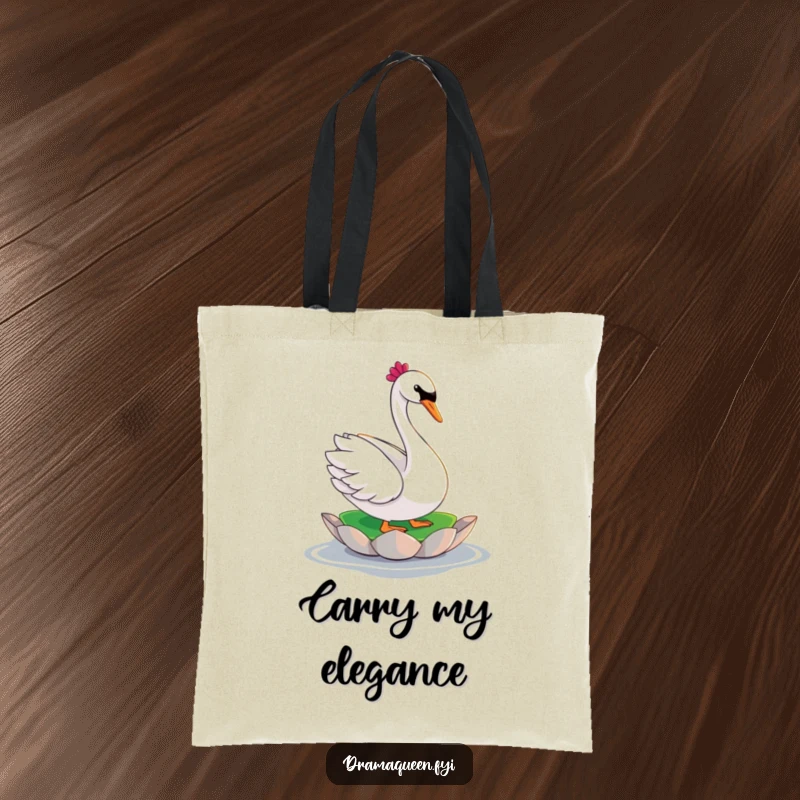 Funny swan tote bag featuring a glamorous character in a dramatic pose on a lily pad, perfect for carrying items in style.