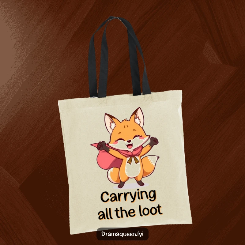 Funny tote bag showcasing a joyful fox in a flowing cape, striking a triumphant pose, ready for heroic tasks.