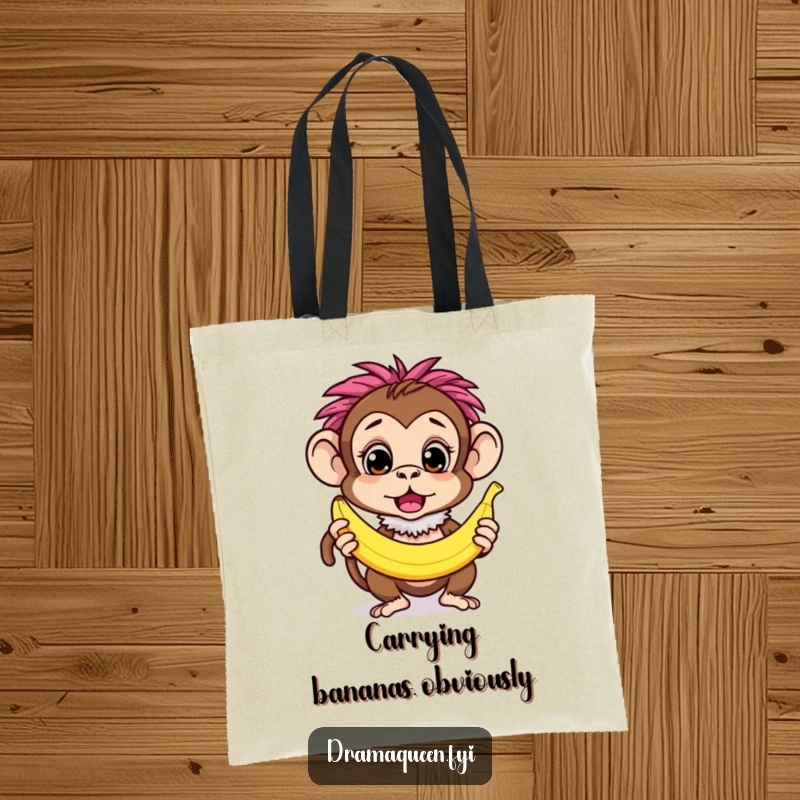 Funny curious monkey character wearing a feathery boa, striking a surprised pose with a banana, stylish tote bag, quirky.