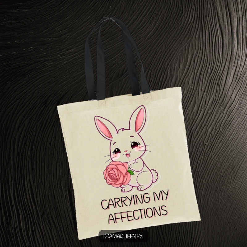 Funny rabbit tote bag featuring a cute bunny holding a big rose, with a coy expression, great for shopping.