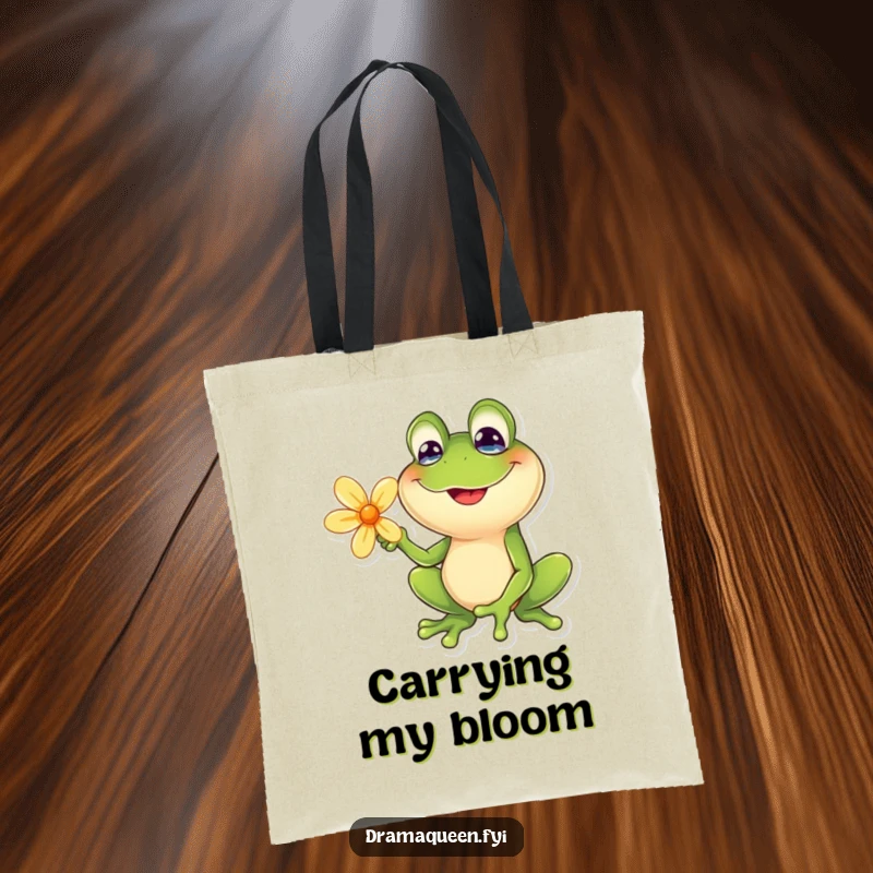 Funny frog tote bag with a goofy smile posing dramatically with a flower. Stylish and humorous, perfect for daily use and gifts.