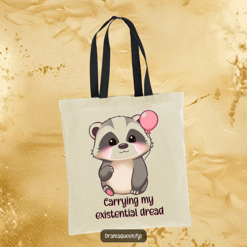 Funny tote bag showcasing a thoughtful badger looking at a floating balloon, great for errands and conveying a sense of introspective humor.