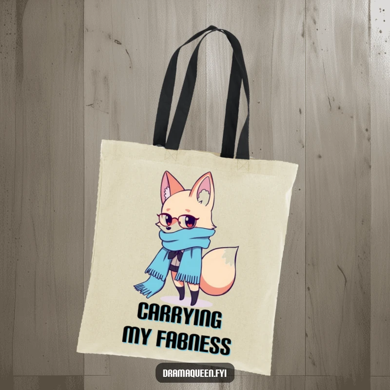Funny Fashion Fox Scarf Tote Bag: A fashionable fox strikes a pose with a flowing scarf, perfect for carrying essentials with style.