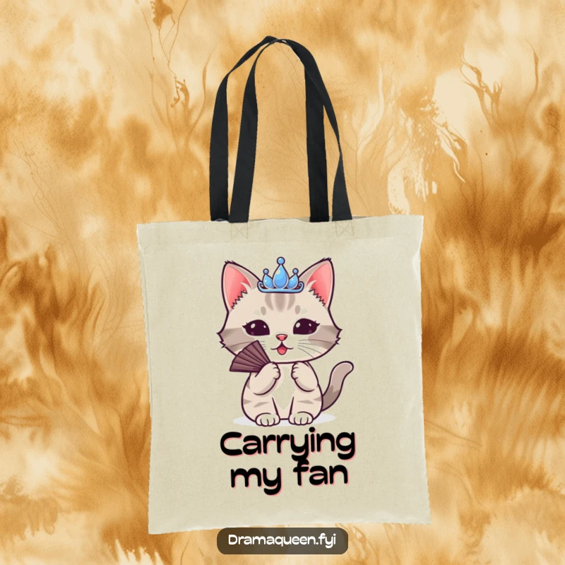 Funny Cat Tiara Tote Bag: A cute cat wearing a tiny tiara, dramatically fanning itself, a humorous accessory.