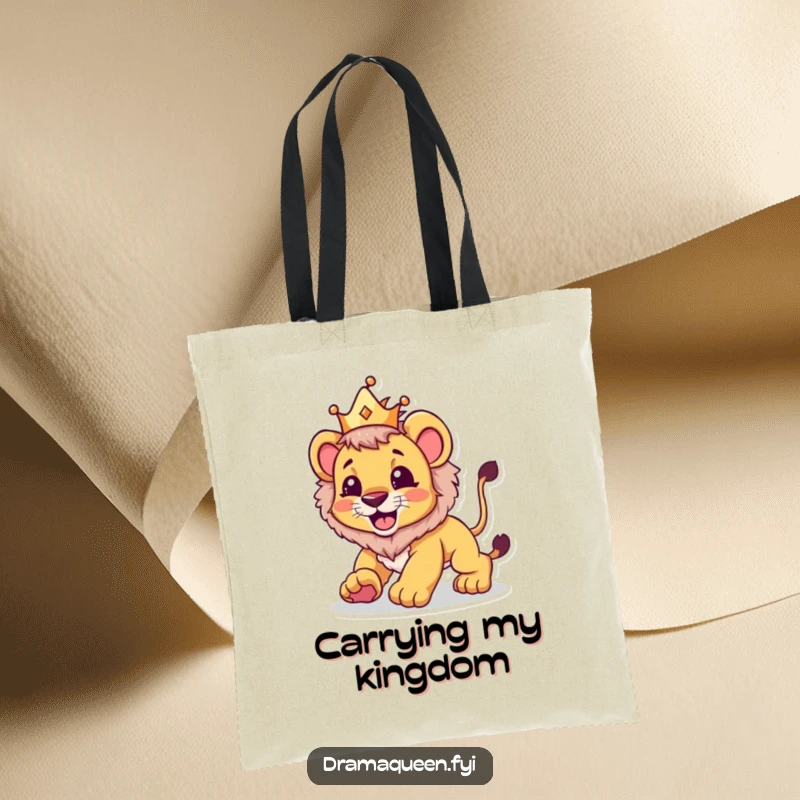 Funny tote bag depicting a lion cub wearing a crown, playfully pouncing, perfect for carrying essentials with majestic charm.