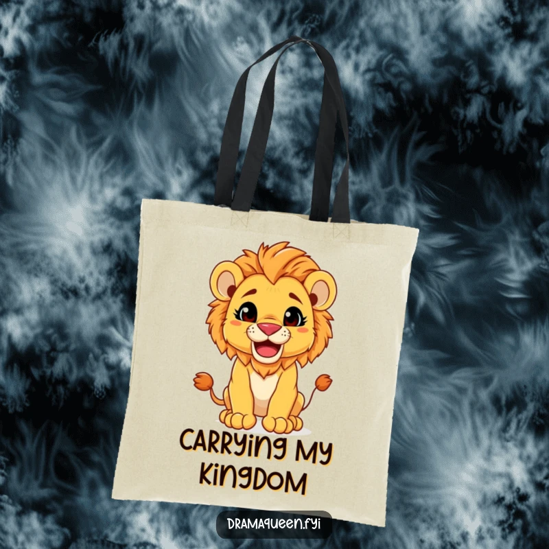 Funny Tote Bag: A cute lion cub striking a majestic pose, ready to carry your items with a fun grin.